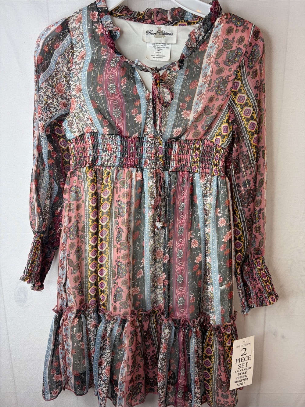 Rare Editions Boho Floral Metallic Tiered Dress Magenta Girls Size 8